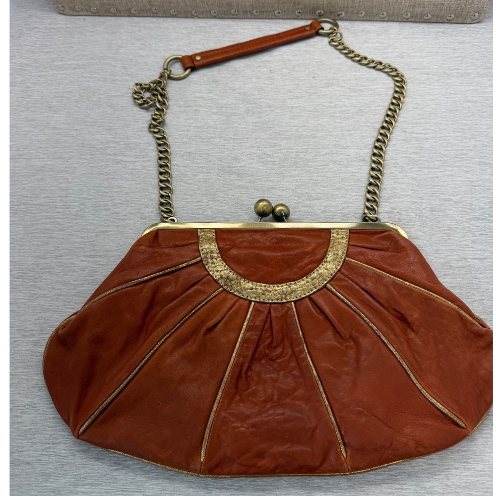 Cynthia Rowley Burnt Orange Leather Pleated Kiss Lock Chain Shoulder Bag Gold